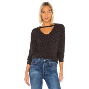 LNA Gray Black Leopard Print All Over Pilled Cut Out Long Sleeve Top Size Small